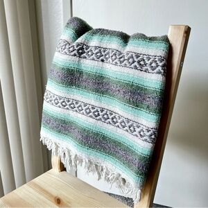 Vintage Woven Mexican Indian Blanket Mint Green Grey